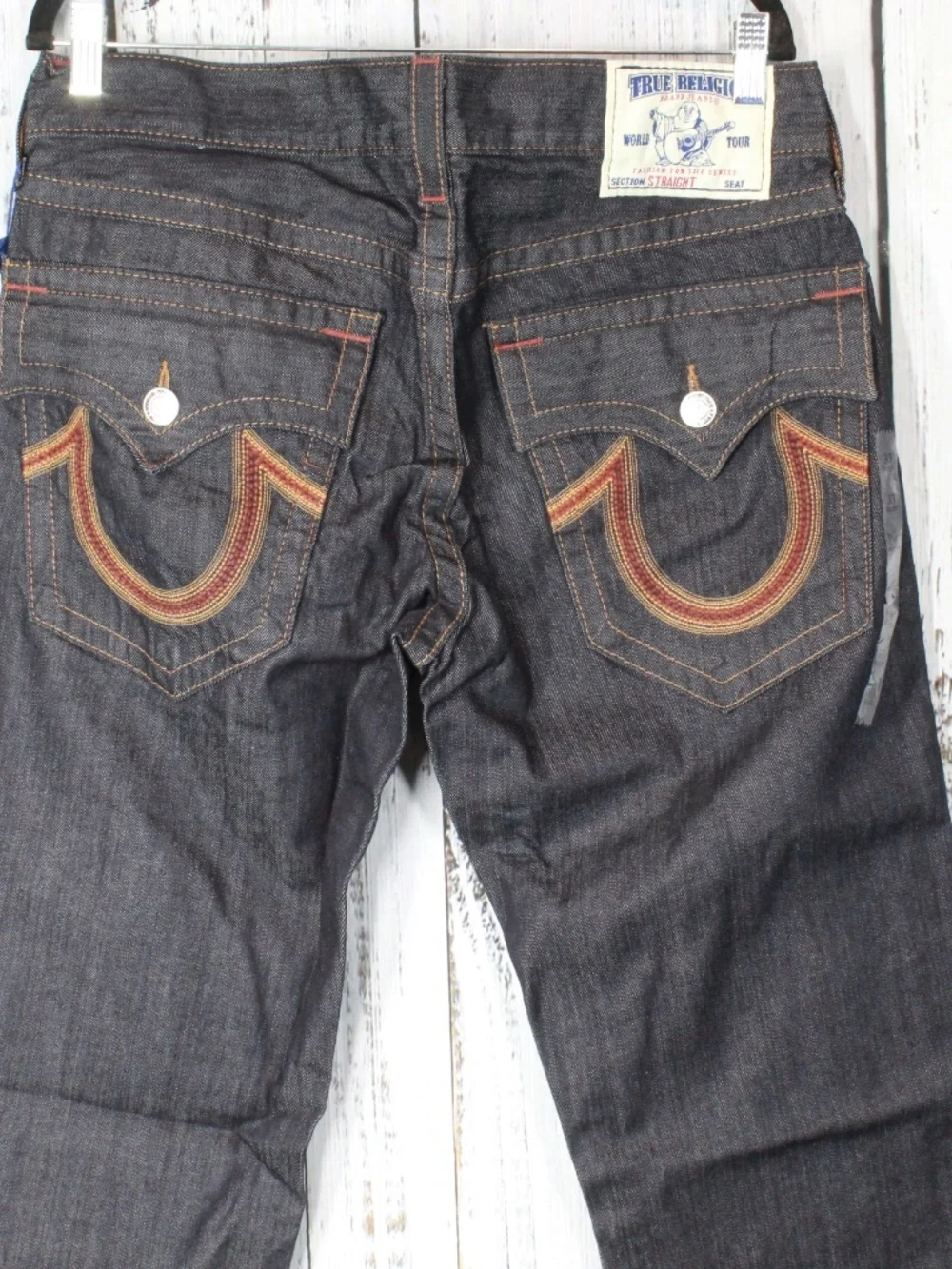 NWT True Religion Straight Flap Jeans Sunset Logo Orange Red Stitch Mens Size 33